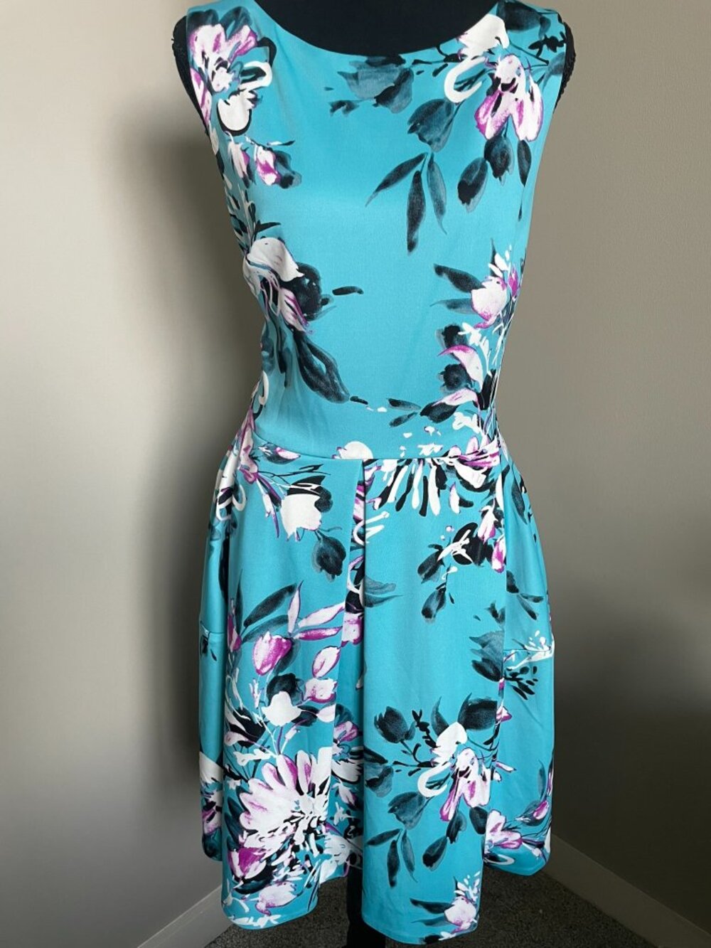 Turquoise Floral Sleeveless Dress – Fit & Flare